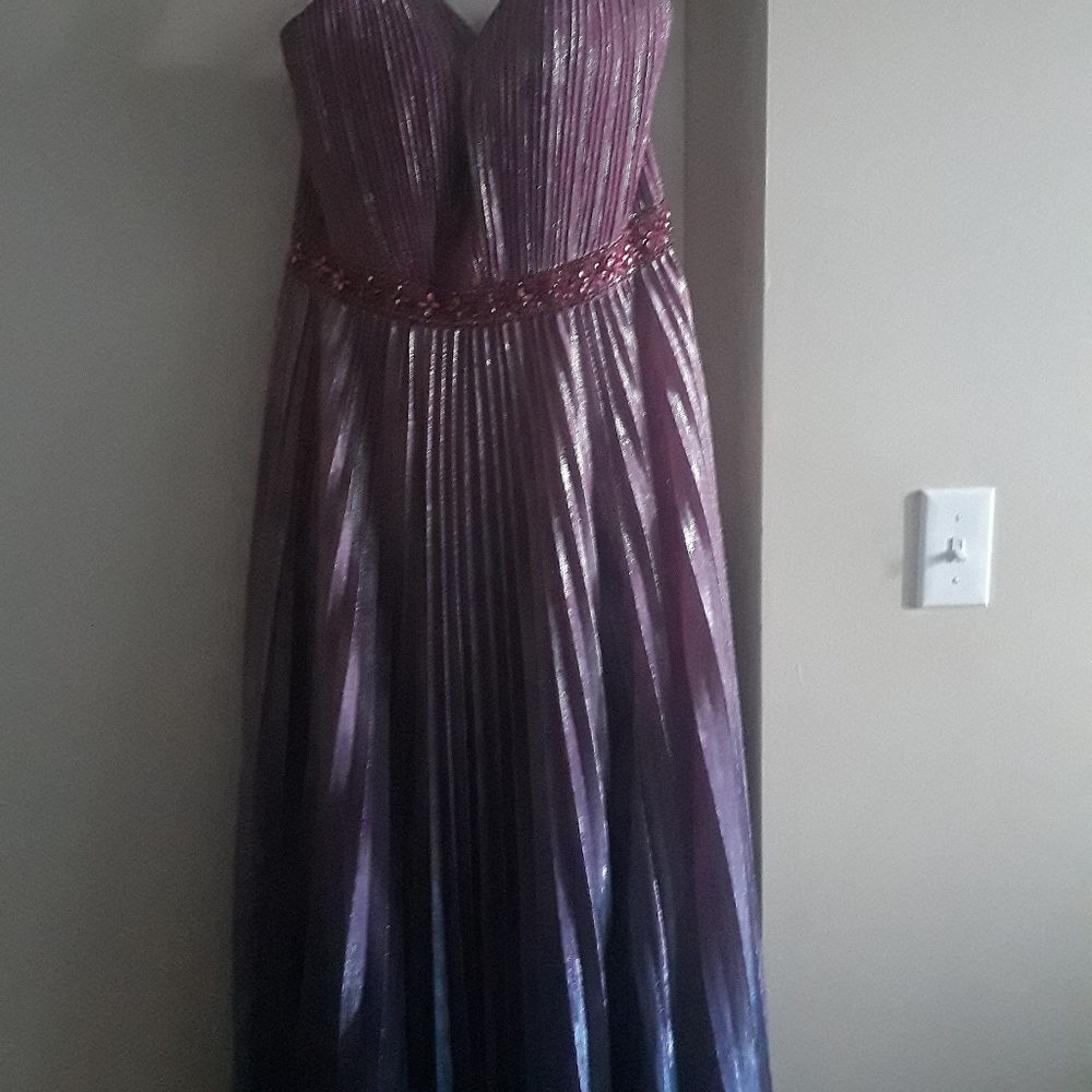 David Bridal's  V neck Ombre metalic pleated maxi dress